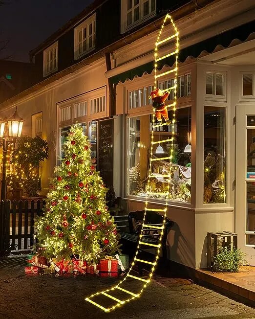 Escada Luz em LED Colorido Decoração de Natal com Pai Natal Pendurado 3M — 3