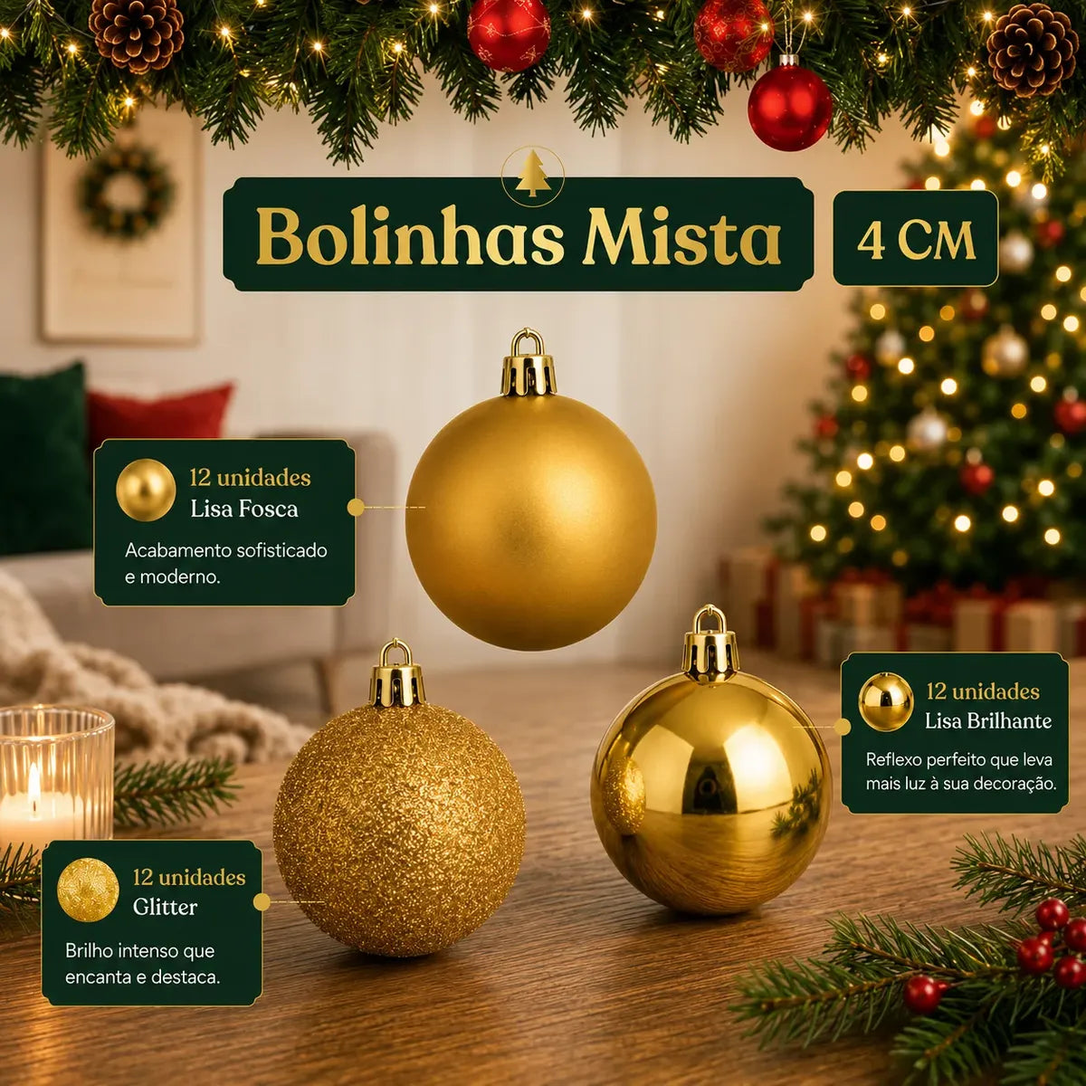 Kit 100 Bolas de Natal Douradas 3 cm, 4 cm e 6 cm + Ponteira Estrela + Maleta Organizadora — 4