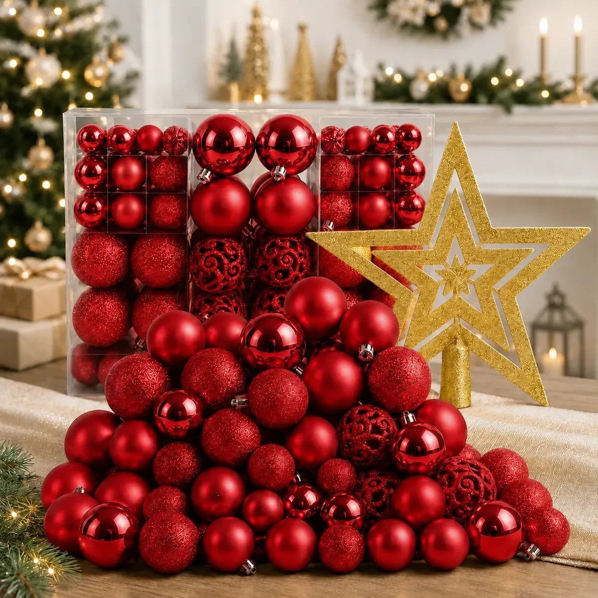 Kit 100 Bolas de Natal Vermelhas 3 cm, 4 cm e 6 cm + Ponteira Estrela + Maleta Organizadora