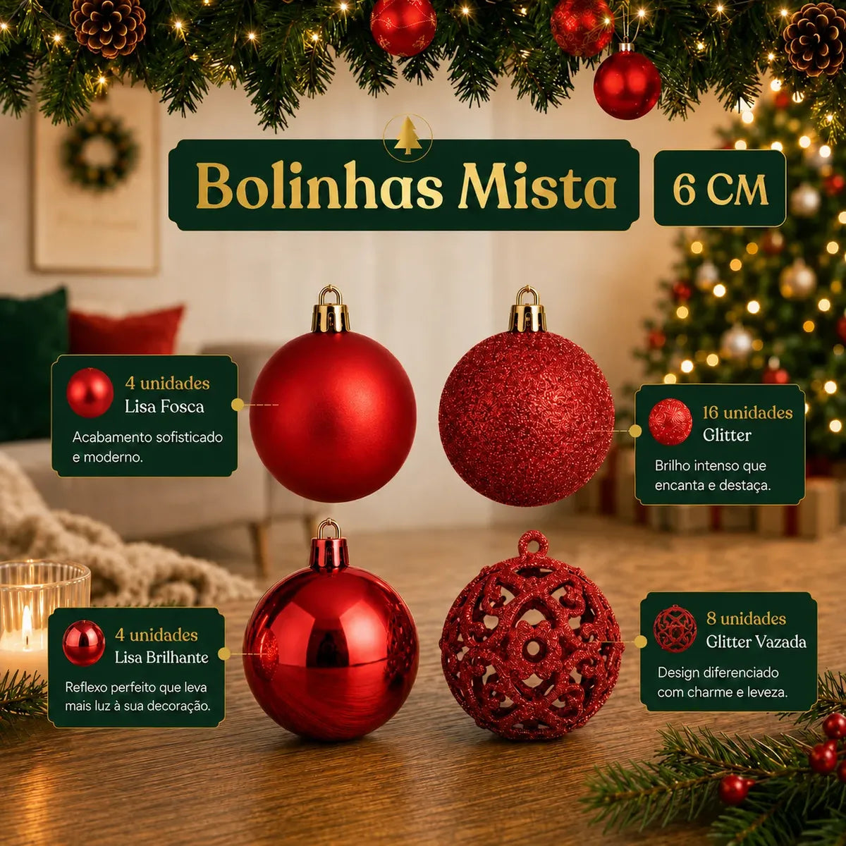 Kit 100 Bolas de Natal Vermelhas 3 cm, 4 cm e 6 cm + Ponteira Estrela + Maleta Organizadora — 3