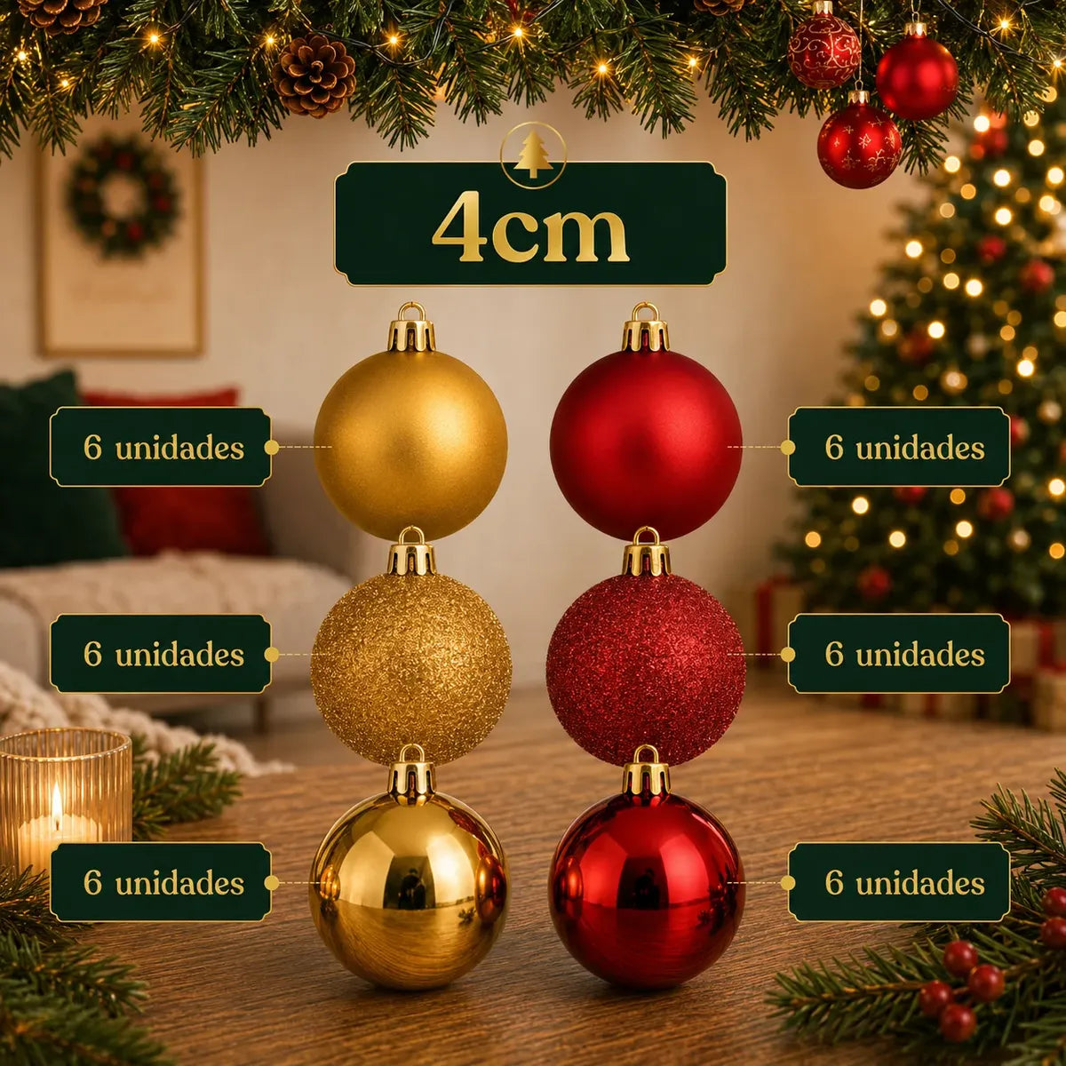 Kit 100 Bolas de Natal Vermelho e Dourado 3 cm, 4 cm e 6 cm + Ponteira Estrela Dourada — 5